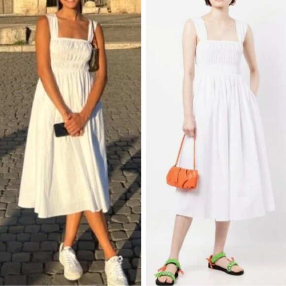 NEW STAUD Ida Smocked Midi Dress Medium White French Cocktail Party - Picture 1 of 9